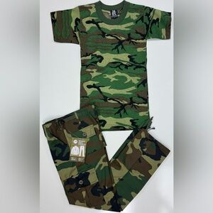 Kids Pants & T-Shirt Set - Military Style BDU, BOYS Sz 12 Woodland Camo, Rothco